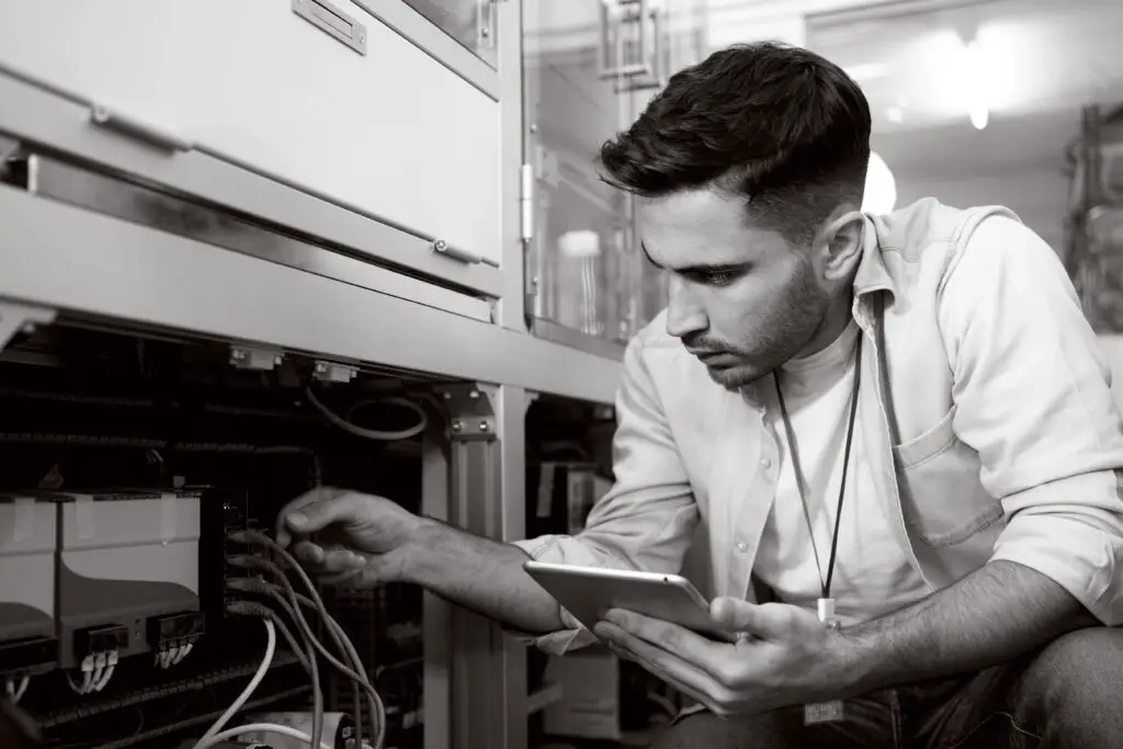 SPS-Techniker im Maschinenbau bei der Prüfung einer technischen Anlage